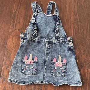 Little Lass Acid Wash Denim Overalls with Pink Unicorn Pocket Accents